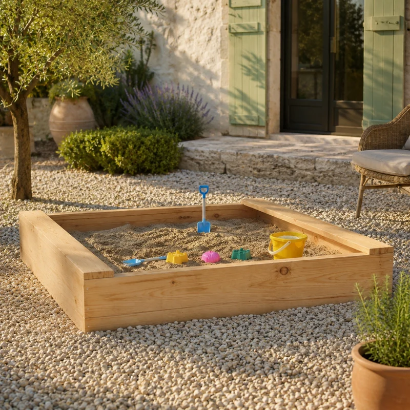 Bac à sable en bois massif | Pin naturel avec 2 rebords d'assise | pour Enfant 2-8 ans - Livraison rapide