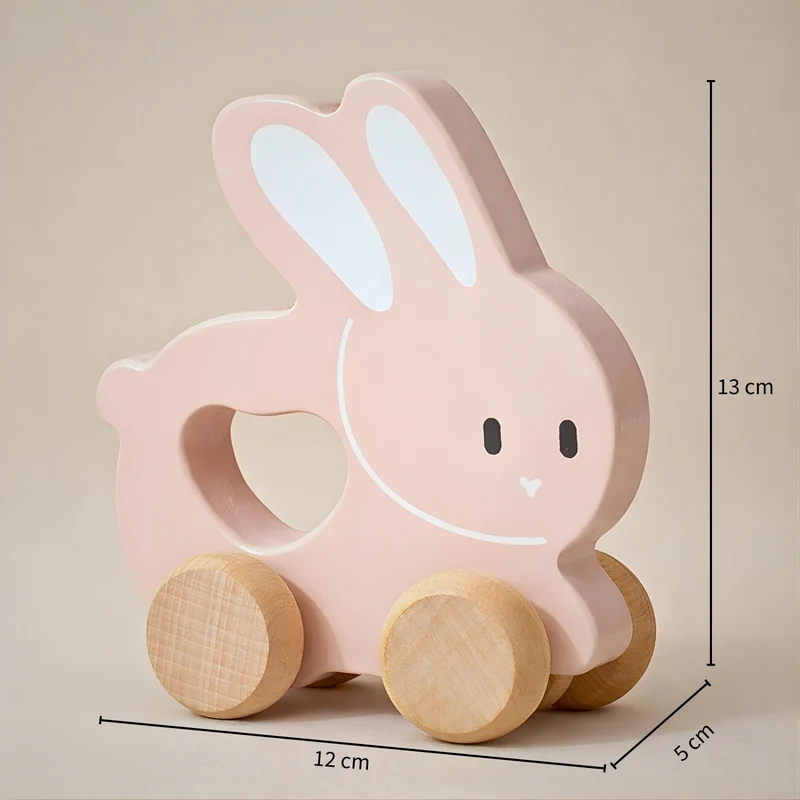 Petit Lapin rose à pousser en bois - Jouet bébé Montessori dès 1 an
