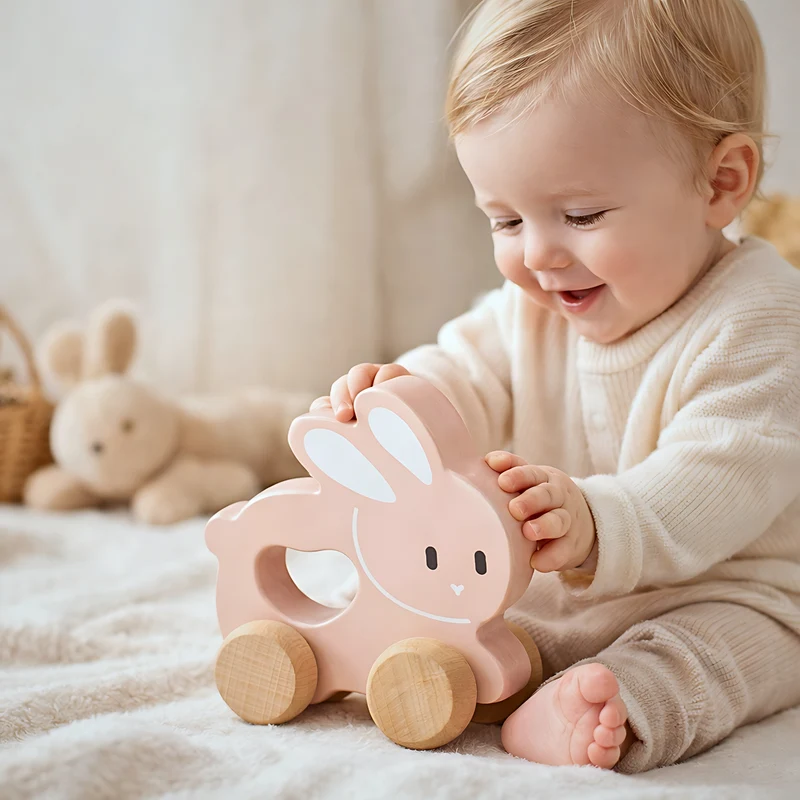 Petit Lapin rose à pousser en bois - Jouet bébé Montessori dès 1 an