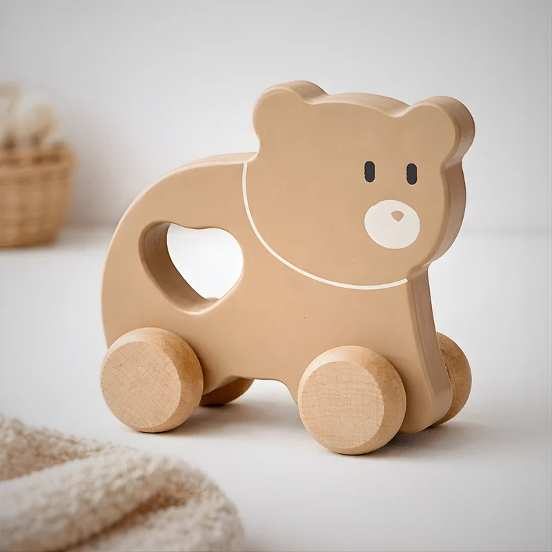 Petit Ours brun à pousser en bois - Jouet bébé Montessori dès 1 an