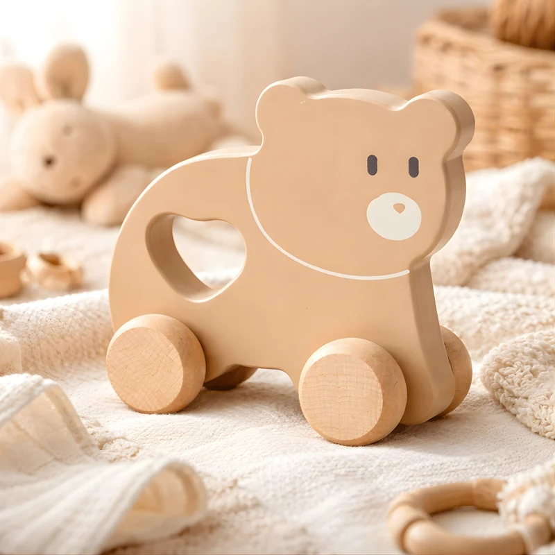 Petit Ours brun à pousser en bois - Jouet bébé Montessori dès 1 an