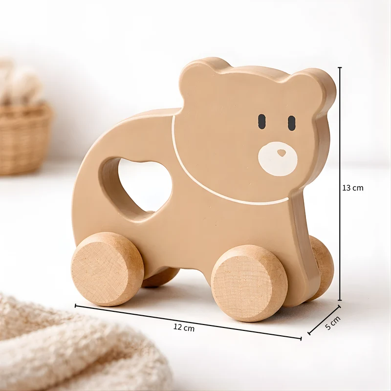Petit Ours brun à pousser en bois - Jouet bébé Montessori dès 1 an