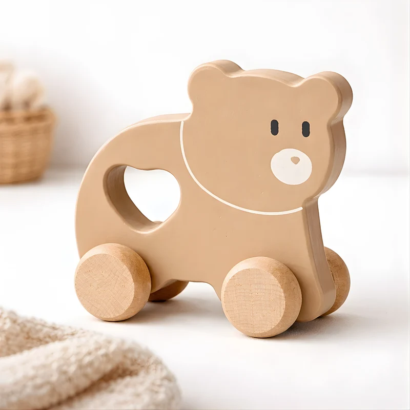 Petit Ours brun à pousser en bois - Jouet bébé Montessori dès 1 an
