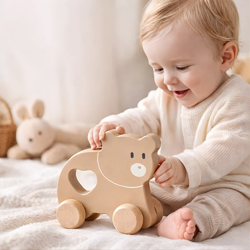 Petit Ours brun à pousser en bois - Jouet bébé Montessori dès 1 an