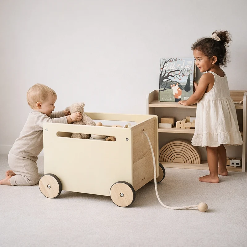 Chariot de rangement enfant en bois Montessori - Meuble rangement Jouets & Livres chambre - Design beige