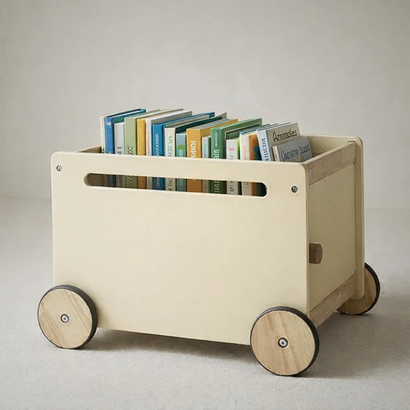 Chariot de rangement enfant en bois Montessori - Meuble rangement Jouets & Livres chambre - Design beige