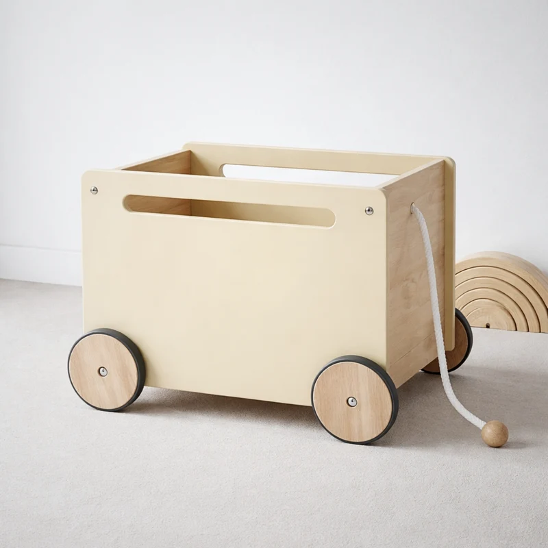 Chariot de rangement enfant en bois Montessori - Meuble rangement Jouets & Livres chambre - Design beige