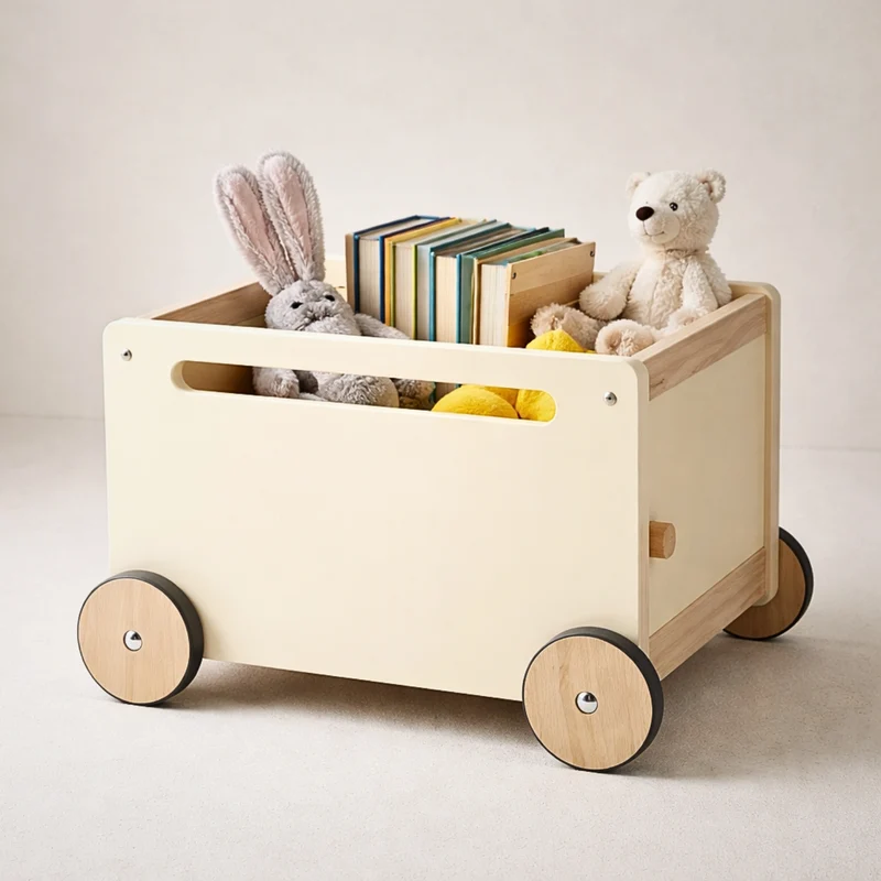 Chariot de rangement enfant en bois Montessori - Meuble rangement Jouets & Livres chambre - Design beige