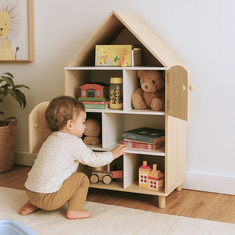 Bibliothèque enfant Montessori maison - Meuble de rangement jouets & livres - avec 2 portes - bois - Design maison de poupée