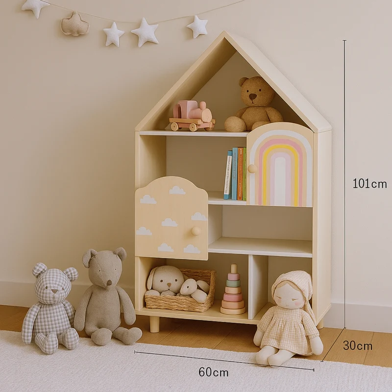 Bibliothèque enfant Montessori maison - Meuble de rangement jouets & livres - avec 2 portes - bois - Design maison de poupée