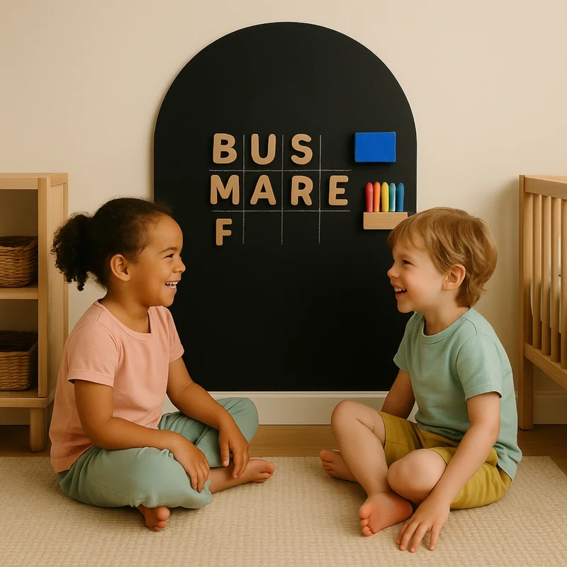 Tableau magnétique enfant Montessori : écrire, lire, jouer — Lettres Alphabet magnétiques en bois, 6 Craies pastel, Jeu memory 44 mots