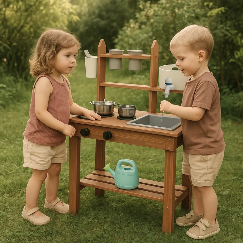 Cuisine d’extérieur en bois Montessori – Jeux, Aventures Sensorielles & Autonomie- Enfant 2-5 ans