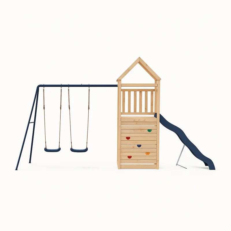 Balançoire double avec Toboggan Tour Maison/Cabane et Mur d’escalade – Enfant 3-8 ans - Aire de jeux Montessori en bois - Joie au jardin - Livraison Rapide