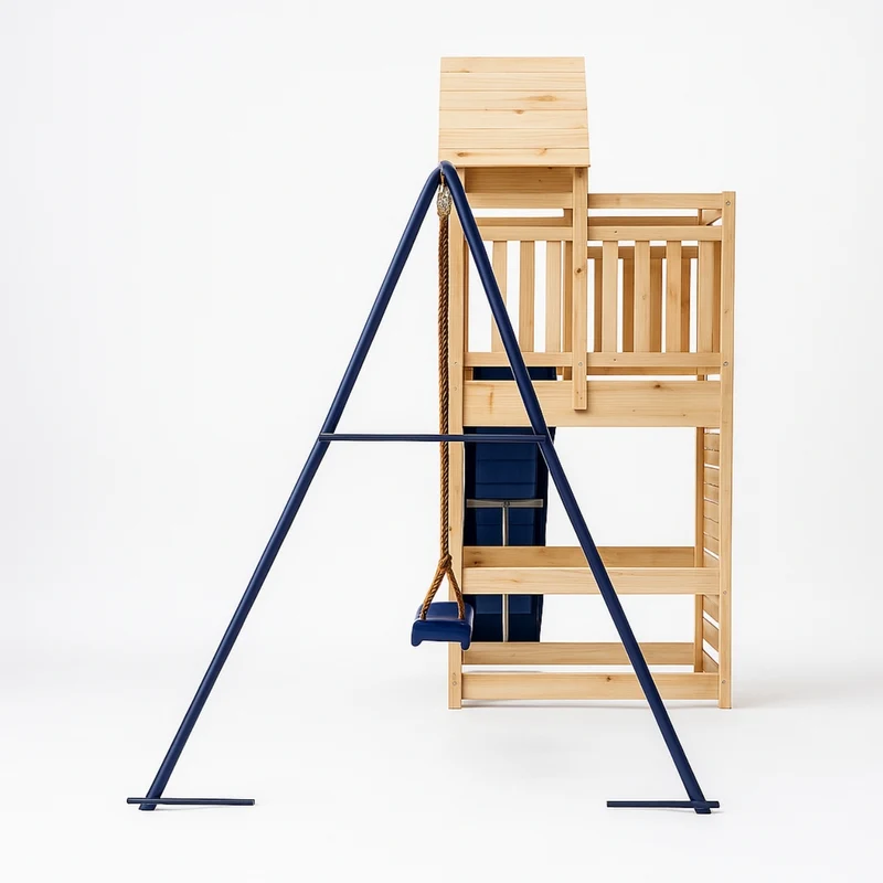 Balançoire double avec Toboggan Tour Maison/Cabane et Mur d’escalade – Enfant 3-8 ans - Aire de jeux Montessori en bois - Joie au jardin - Livraison Rapide