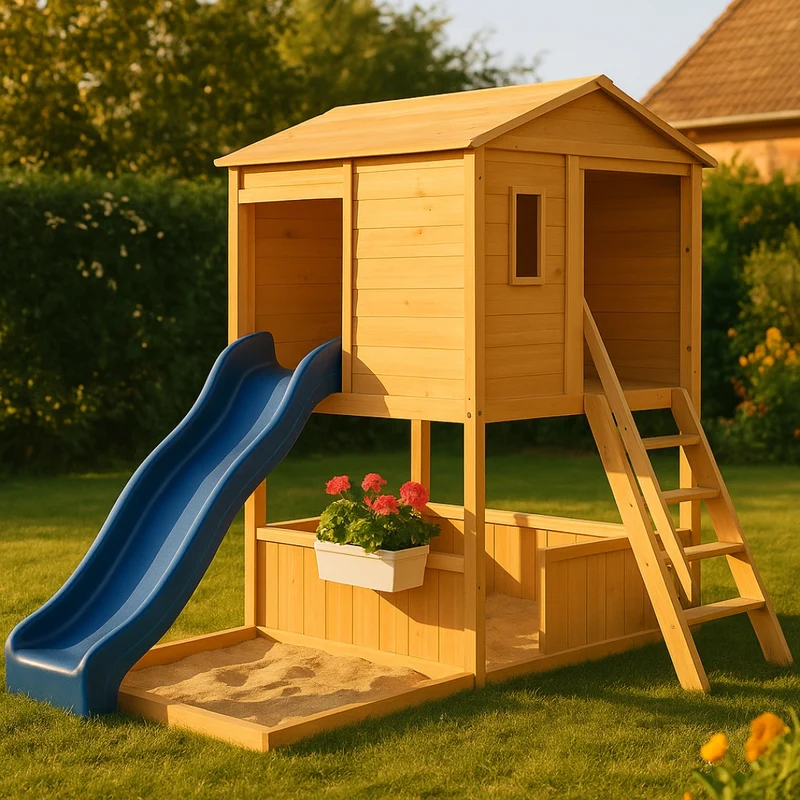 Aire de Jeux Maison Bois avec Toboggan – Cabane extérieur Montessori pour enfants 3-10 ans - Le Refuge des Petits Explorateurs - Livraison Rapide