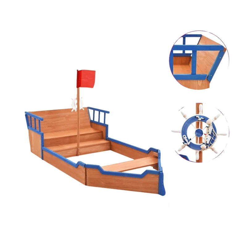 Bac à sable bateau pirate en bois 190x94.5 cm – Jeu extérieur créatif 3-9 ans