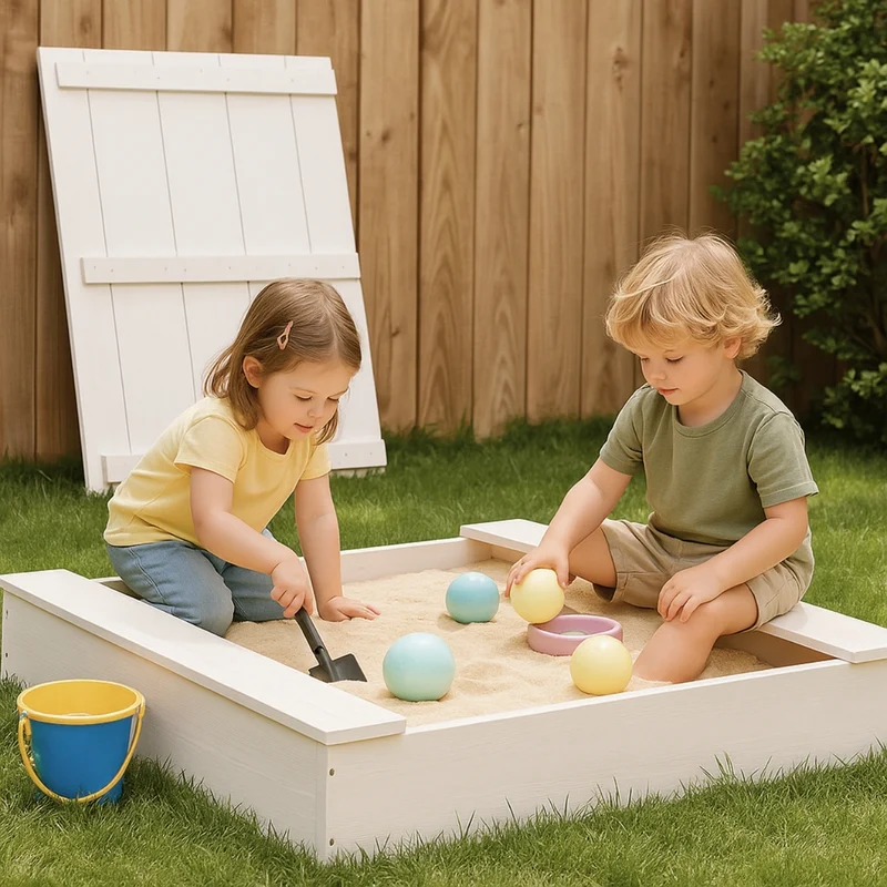 Bac à sable en bois massif avec couvercle – Éveil Montessori pour enfants de 1 à 6 ans au jardin