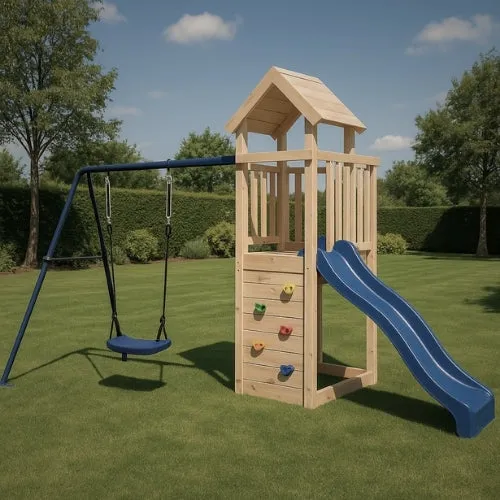 Aire de jeux extérieur en bois pour enfant 3-8 ans – Balançoire + Toboggan + Mur d’escalade - Livraison Rapide