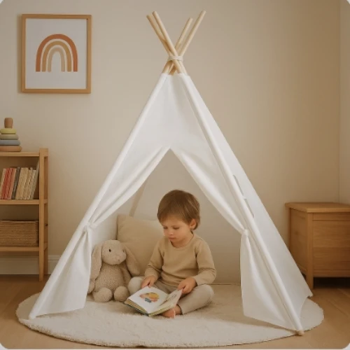 Tipi enfant Montessori en bois blanc avec fenêtre et sac - Tente chambre 3-7 ans