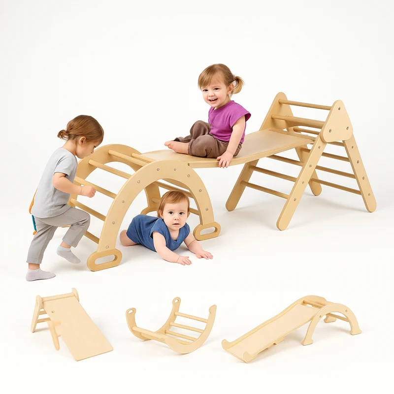 7-en-1 Triangle Pikler, Arche Montessori & Rampe d'escalade (Grand) - Aire de Jeux Intérieur - Motricité & Eveil 1 an - 5 ans