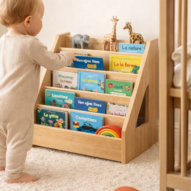 Bibliothèque bois enfant - 5 Rangs - Rangement livres chambre Montessori 1-5 ans
