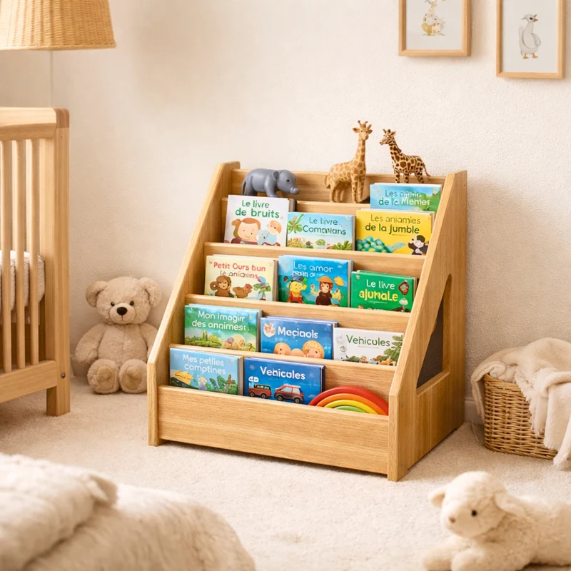 Bibliothèque bois enfant - 5 Rangs - Rangement livres chambre Montessori 1-5 ans