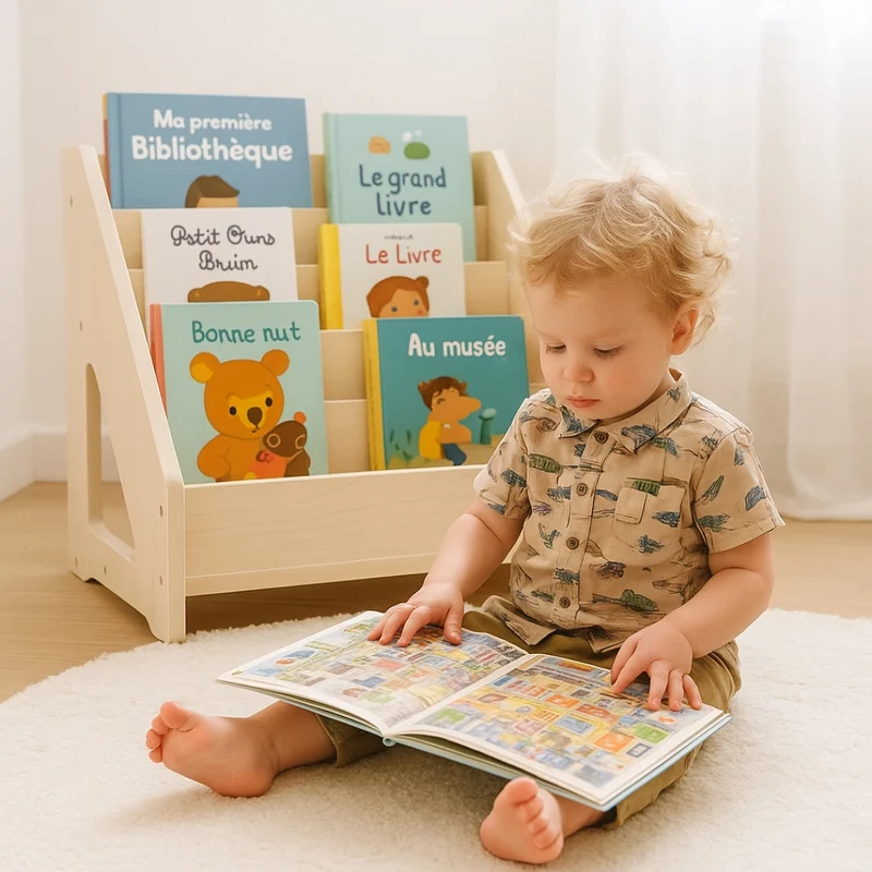 Bibliothèque bois enfant - 5 Rangs - Rangement livres chambre Montessori 1-5 ans