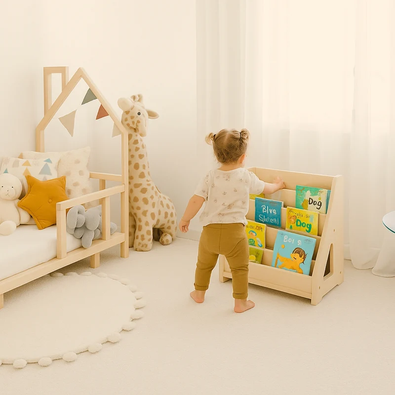 Bibliothèque bois enfant - 5 Rangs - Rangement livres chambre Montessori 1-5 ans