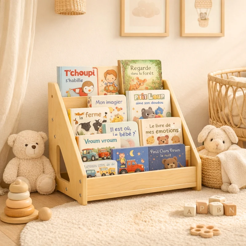 Bibliothèque bois enfant - 5 Rangs - Rangement livres chambre Montessori 1-5 ans