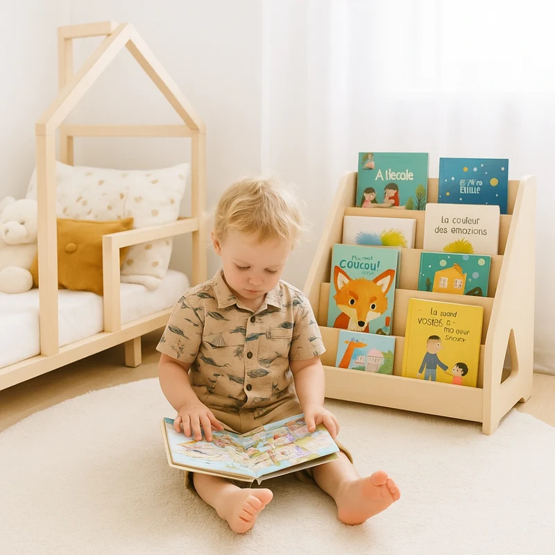 Bibliothèque bois enfant - 5 Rangs - Rangement livres chambre Montessori 1-5 ans