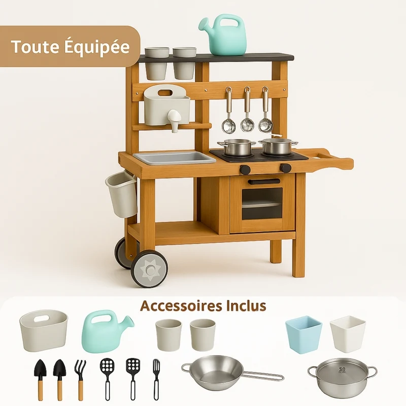 Cuisine en bois enfant 2-5 ans - Mud Kitchen 4 saisons intérieur / extérieur- Aire de Jeux Montessori