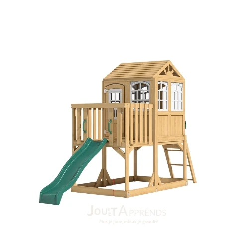 Aire de jeux enfant Montessori - 3 en 1 Balançoire, Toboggan, Cabane en bois modulable