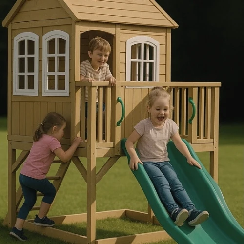 Aire de jeux enfant Montessori - 3 en 1 Balançoire, Toboggan, Cabane en bois modulable