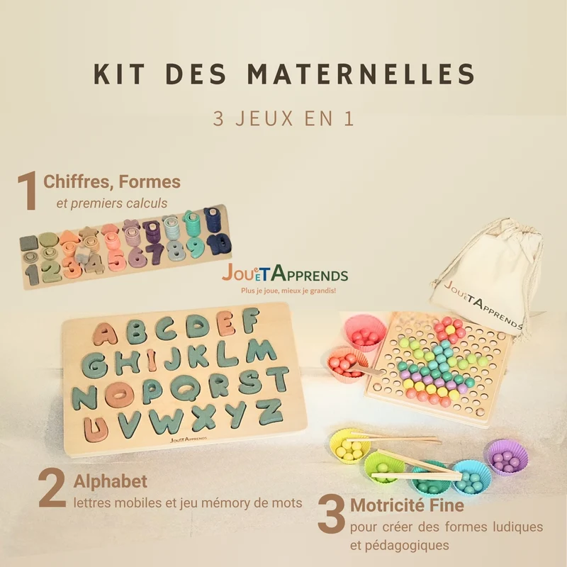 Kit Éducatif Montessori - Maternelles 123 ABC – Jeux Alphabet, Chiffres & Motricité bois| Enfants 3-6 ans