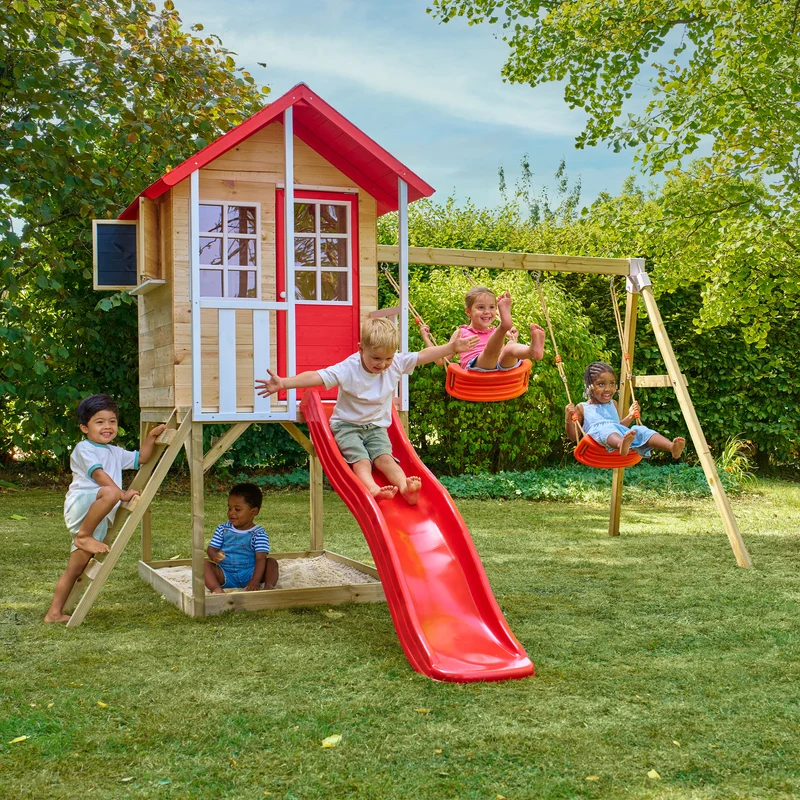 Cabane enfant modulable sur pilotis 2 balançoires et toboggan - bois FSC® - COQUELICOT