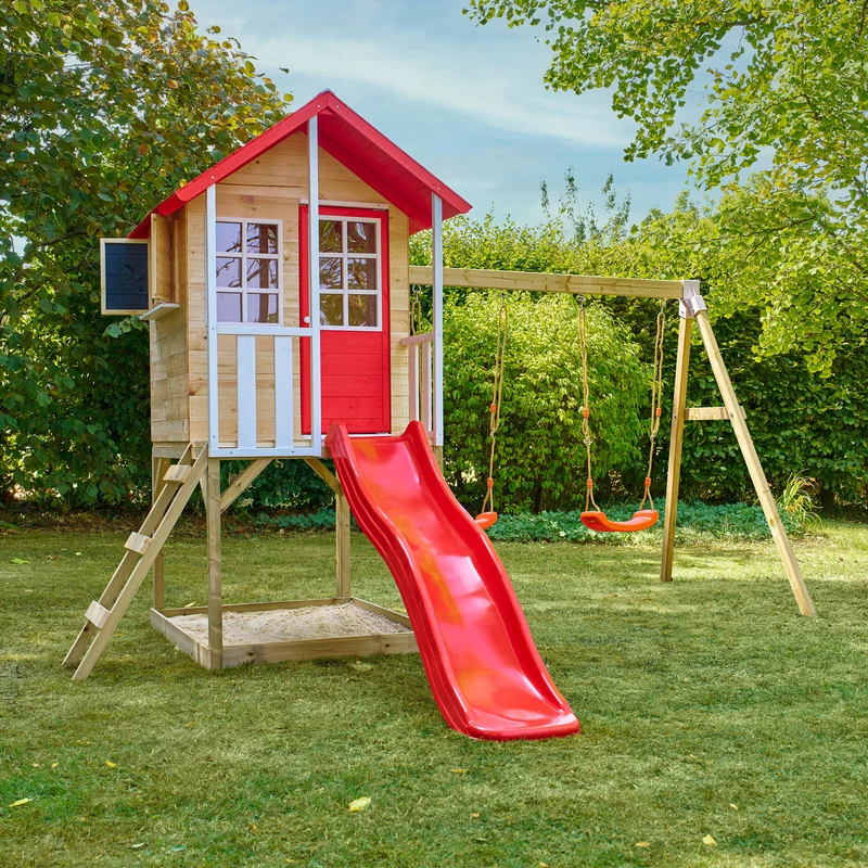 Cabane enfant modulable sur pilotis 2 balançoires et toboggan - bois FSC® - COQUELICOT