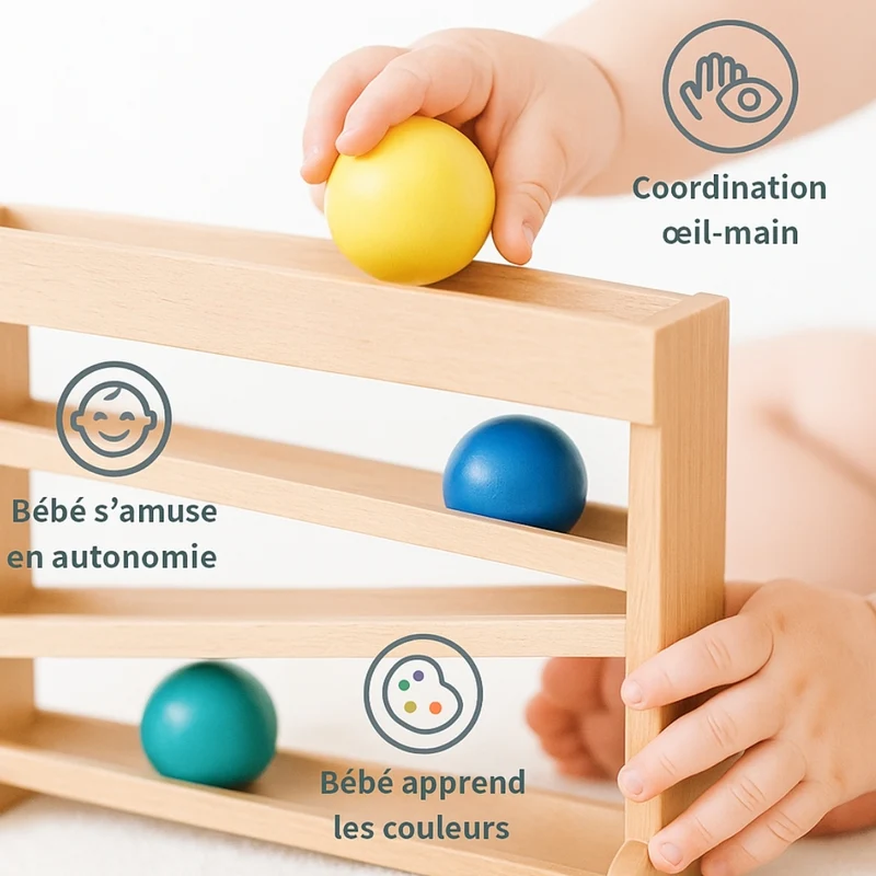 Circuit de Billes en Bois Montessori (9-24 mois) - Éveil Sensoriel et Motricité Fine - Jouet Bébé Naturel