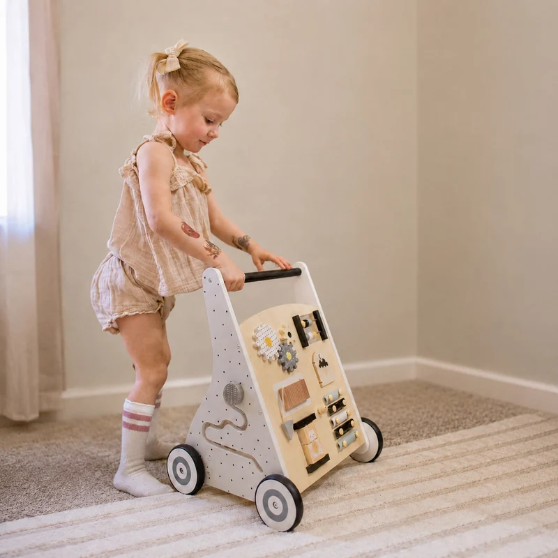Montessori Lauflernwagen aus Holz mit Motorikspielzeug