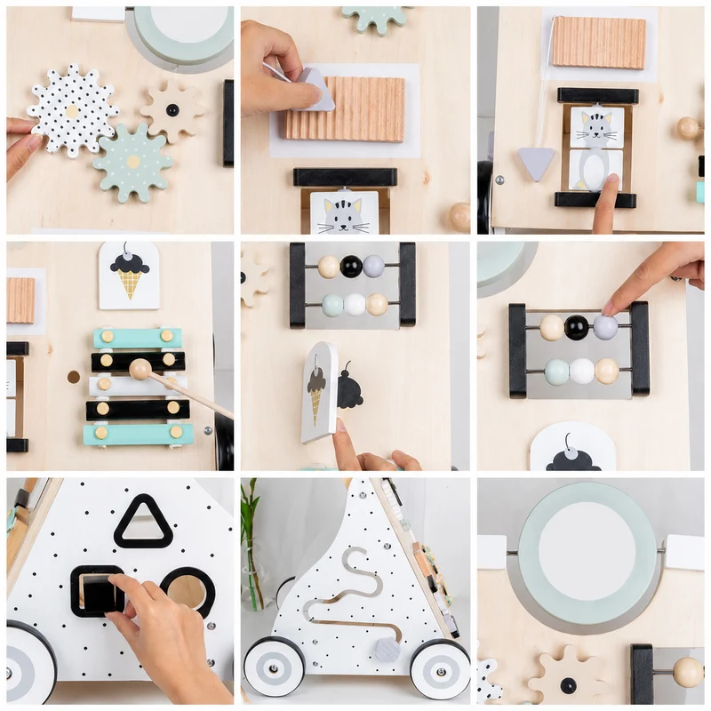 Montessori Lauflernwagen aus Holz mit Motorikspielzeug