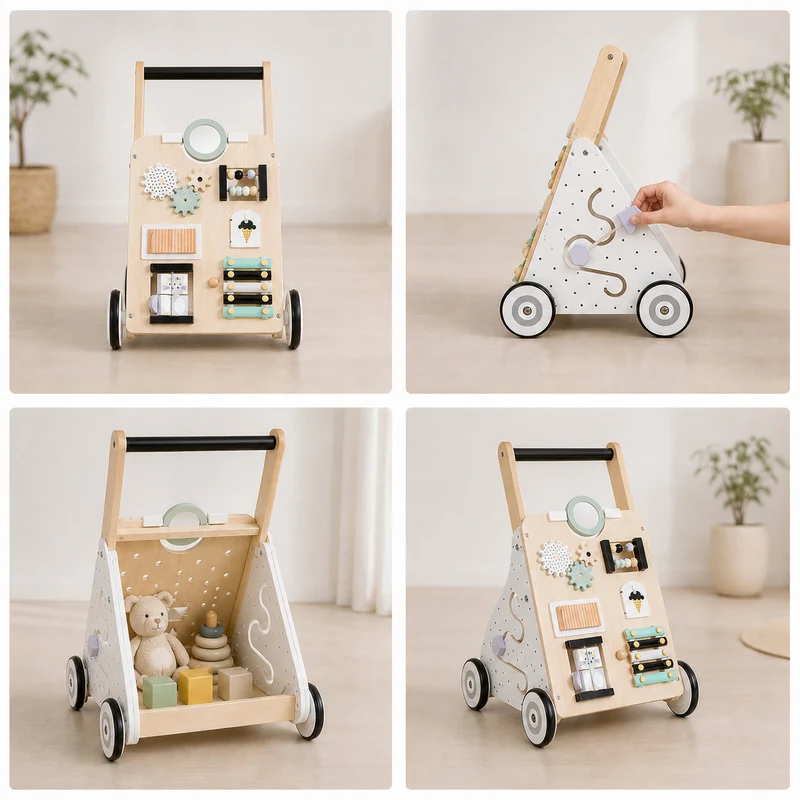 Montessori Lauflernwagen aus Holz mit Motorikspielzeug