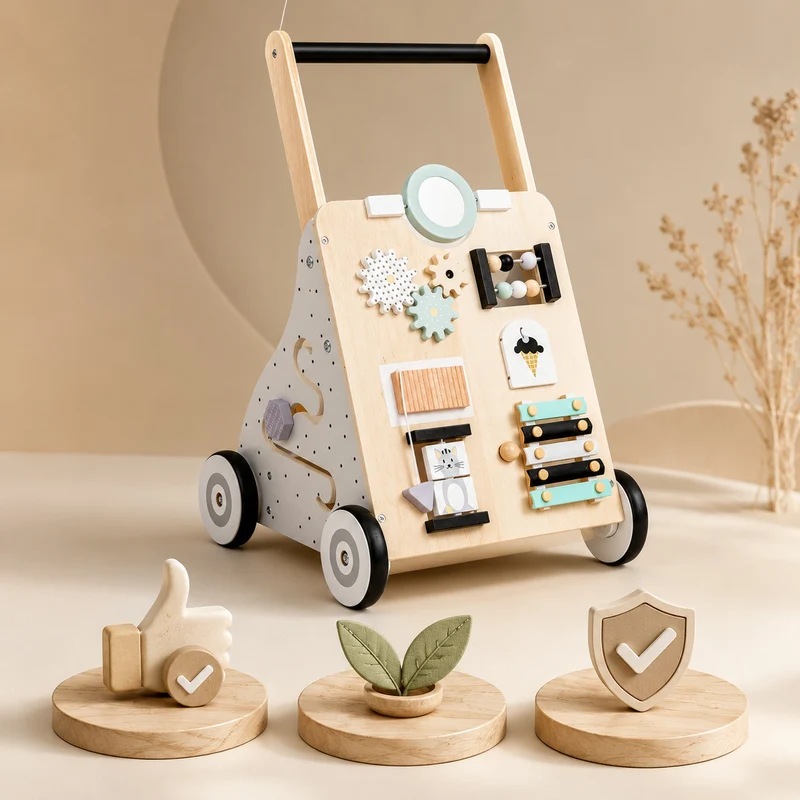 Montessori Lauflernwagen aus Holz mit Motorikspielzeug