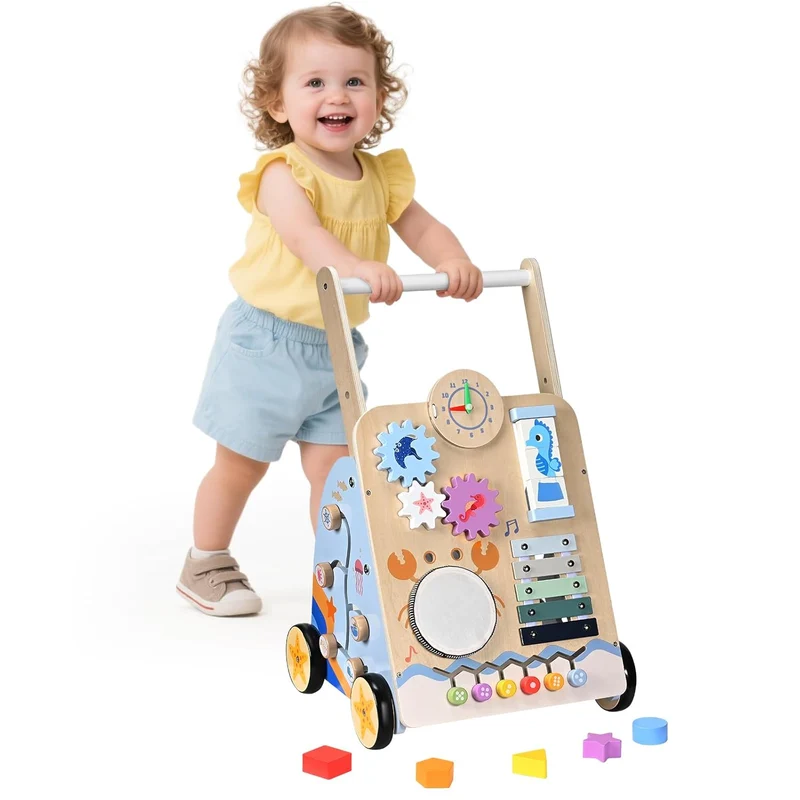 Montessori Schiebewagen aus Holz – Spielzeug mit Xylophon & Spielelementen