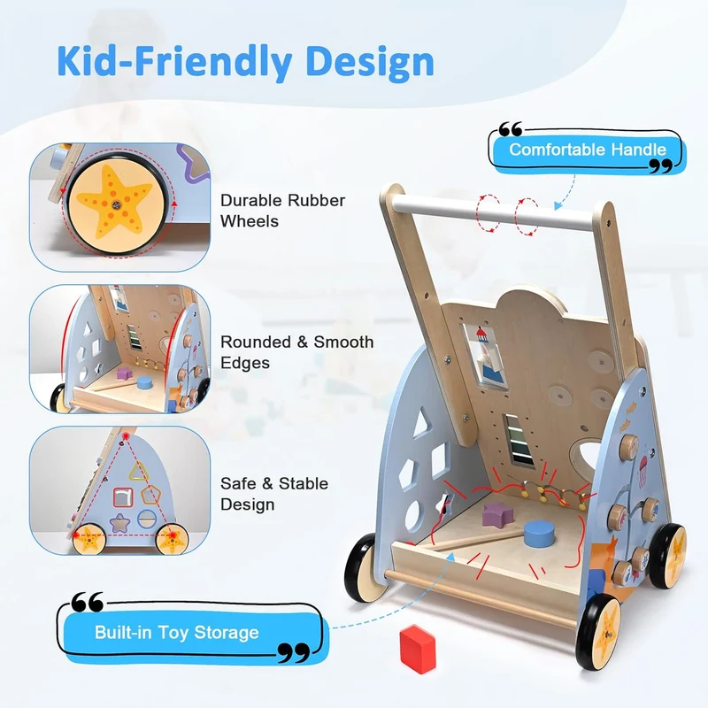 Montessori Schiebewagen aus Holz – Spielzeug mit Xylophon & Spielelementen