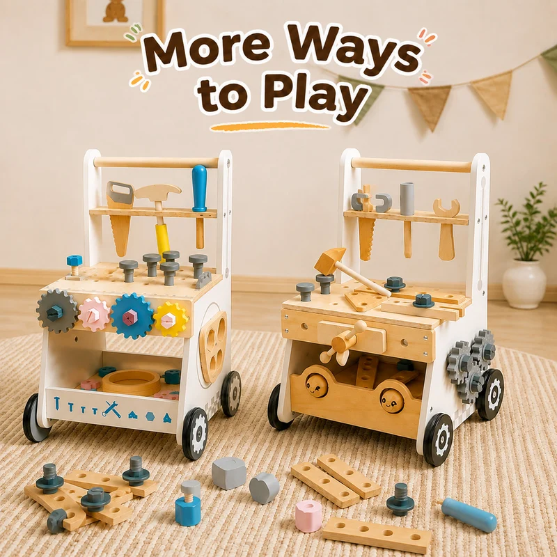 Montessori Lauflernwagen Holz mit Werkbank & Werkzeug