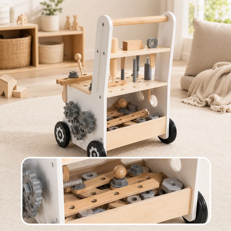 Montessori Lauflernwagen Holz mit Werkbank & Werkzeug