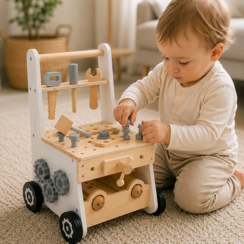 Montessori Lauflernwagen Holz mit Werkbank & Werkzeug