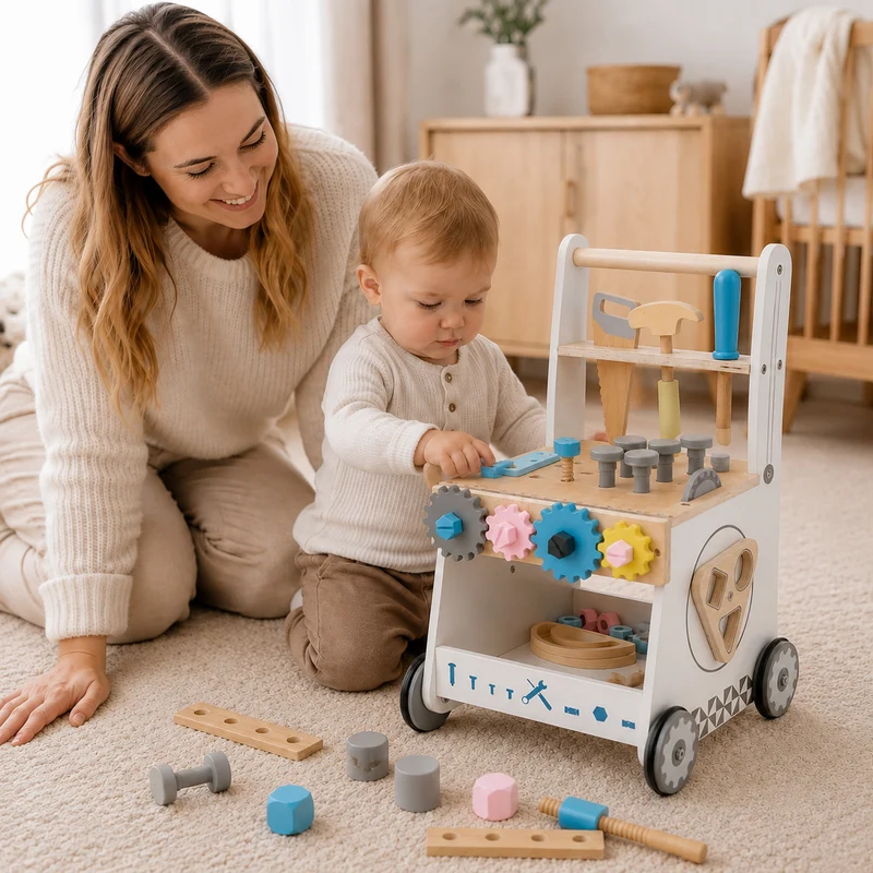 Montessori Lauflernwagen Holz mit Werkbank & Werkzeug