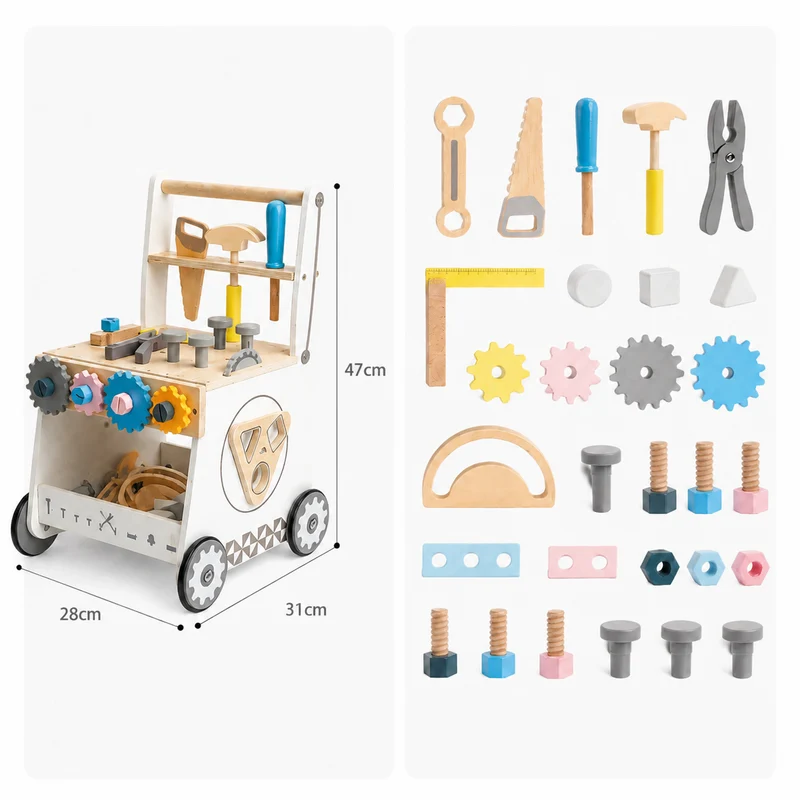 Montessori Lauflernwagen Holz mit Werkbank & Werkzeug
