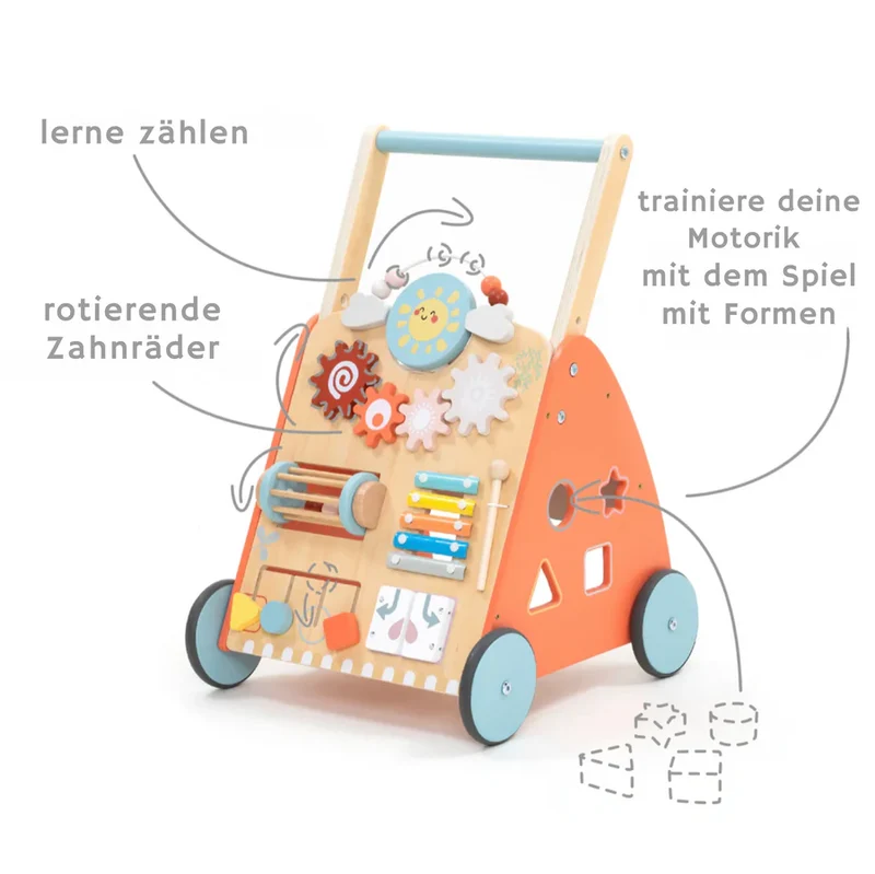 Montessori Schiebewagen aus Holz – 8-in-1 Spielzeug mit Spielelementen