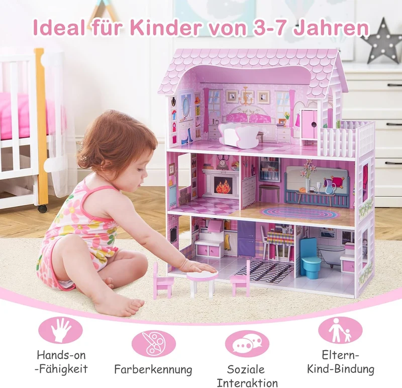Großes Puppenhaus – Buntes Spielhaus mit 3 Etagen